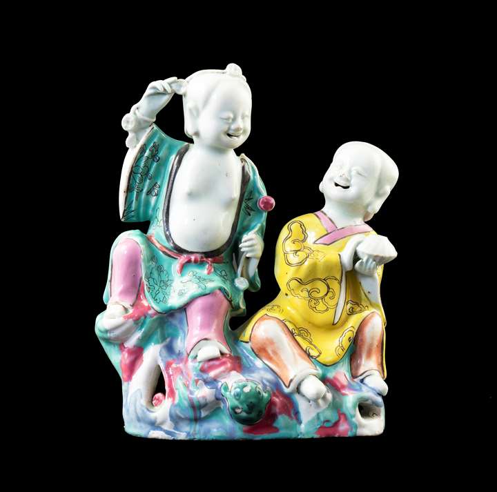 GG: Chinese export porcelain famille rose figure group of the Hehe Erxian
